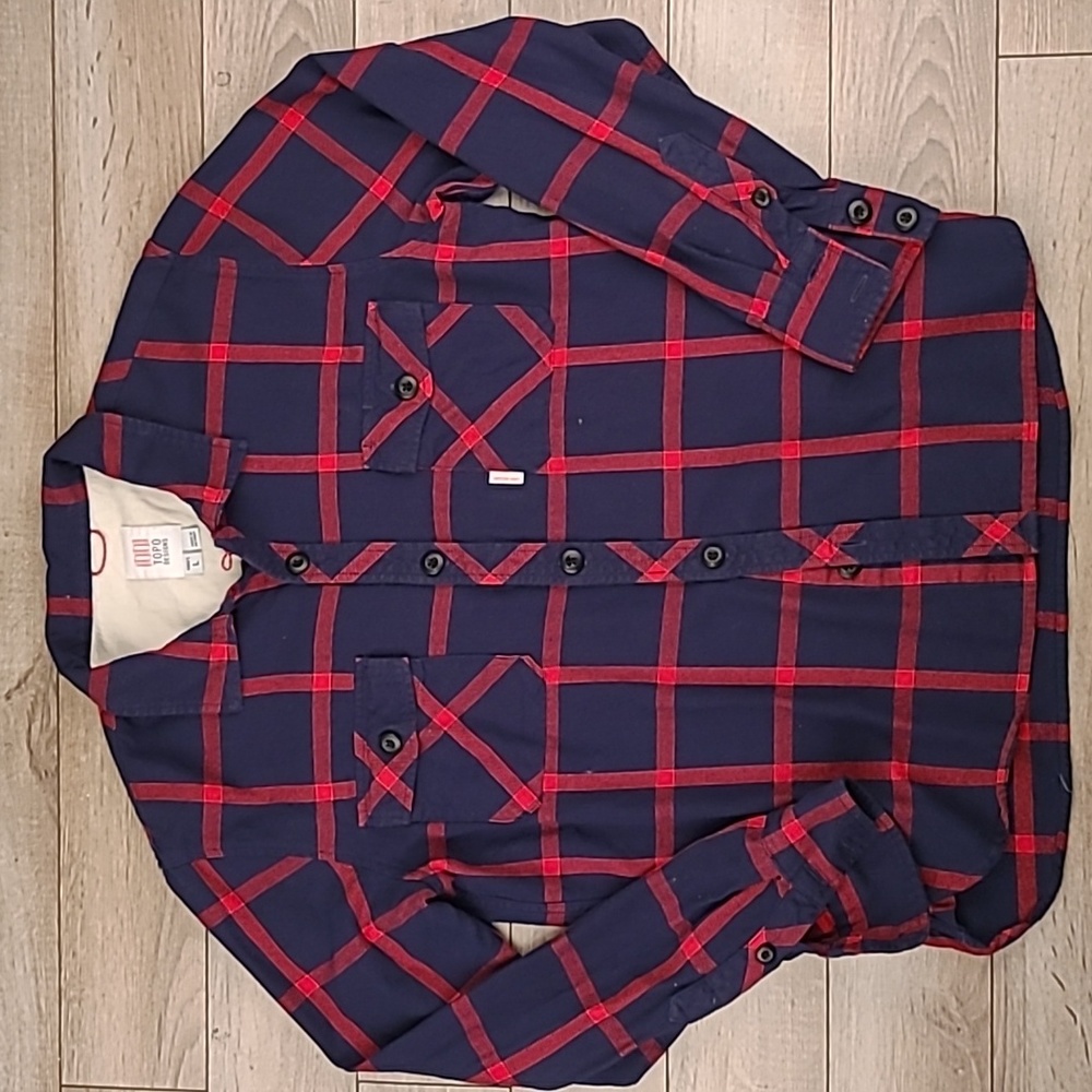 TOPO DESIGNS Navy Red Plaid Flannel Cotton Large Mens Long Sleeve Shirt‎